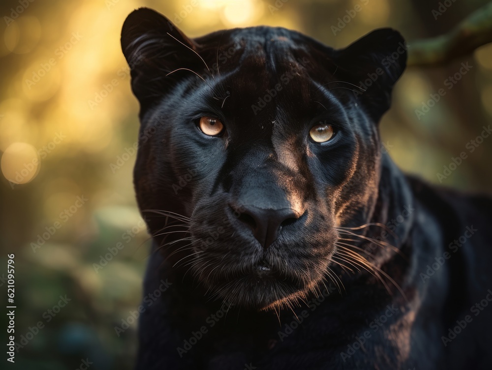 Black panther with blurred background of trees and plants Black panther with blurred background of trees and plants