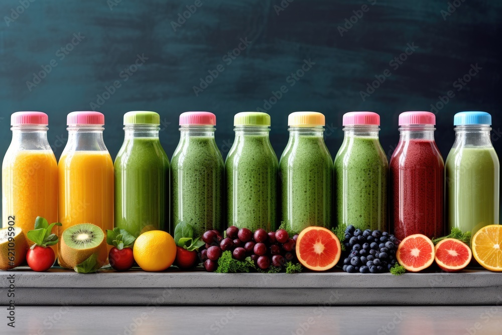 A panoramic banner shows a line of healthy smoothies made with fresh fruit and vegetables and served with straws in glass bottles. A panoramic banner shows a line of healthy smoothies made with fresh fruit and vegetables and served with straws in glass bottles.