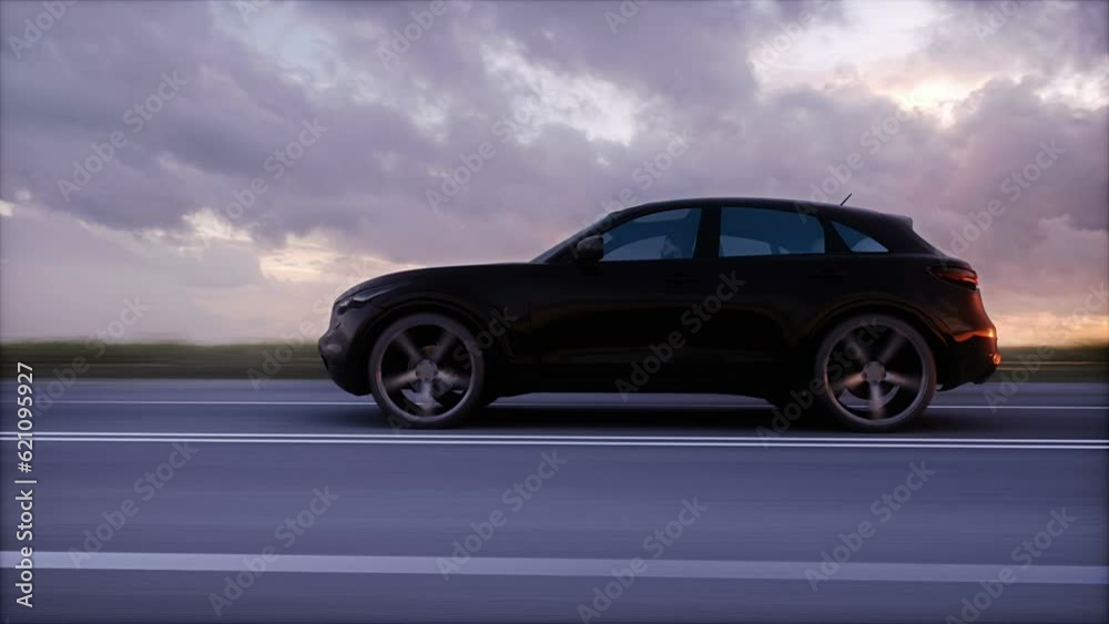 Luxury black car on highway. Very fast driving.