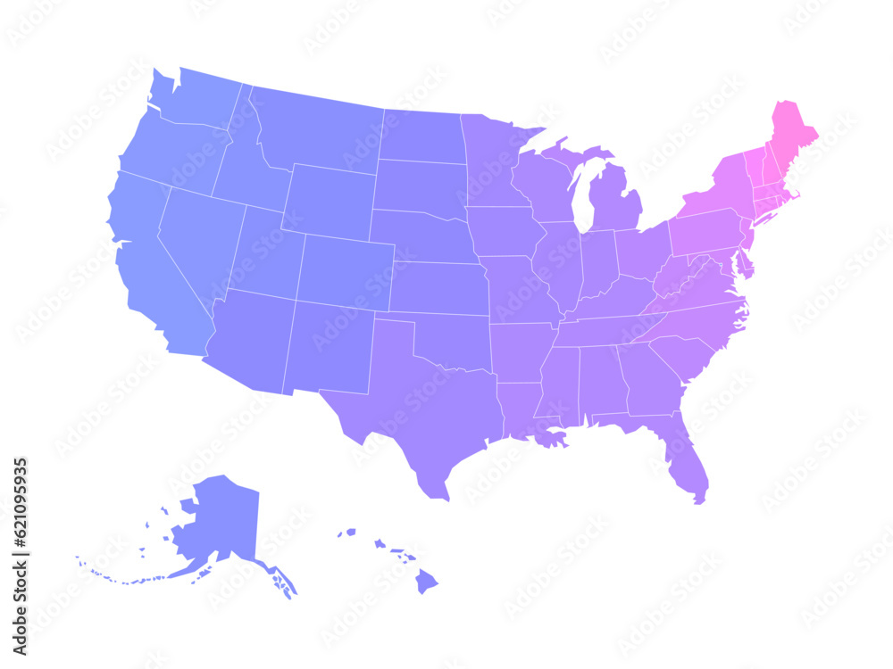 Blank map of United States of America divided into states. Simplified flat silhouette vector map in shades of violet and pink