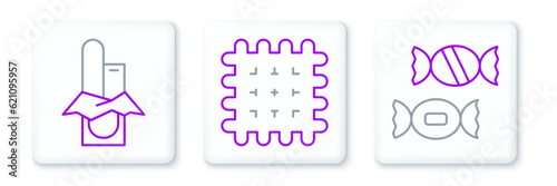Set line Candy, Chocolate bar and Cracker biscuit icon. Vector