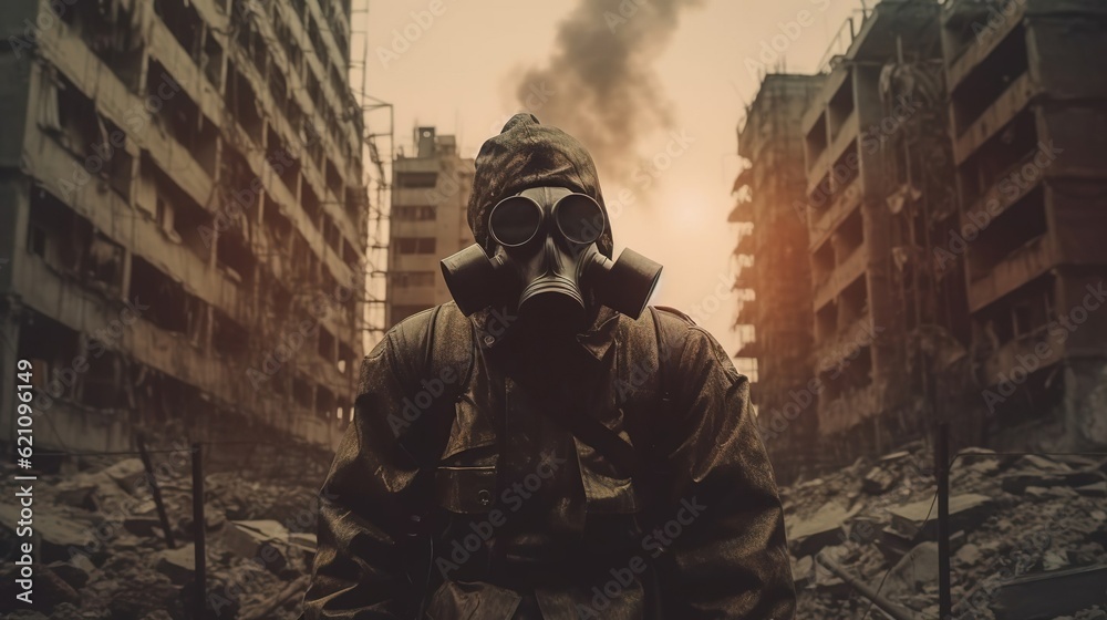 A man in a gas mask stands near the destroyed city. Created with Generative Ai technology. A man in a gas mask stands near the destroyed city. Created with Generative Ai technology.