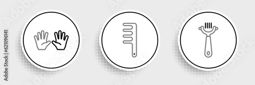 Set line Hair brush for dog and cat, Medical rubber gloves and icon. Vector