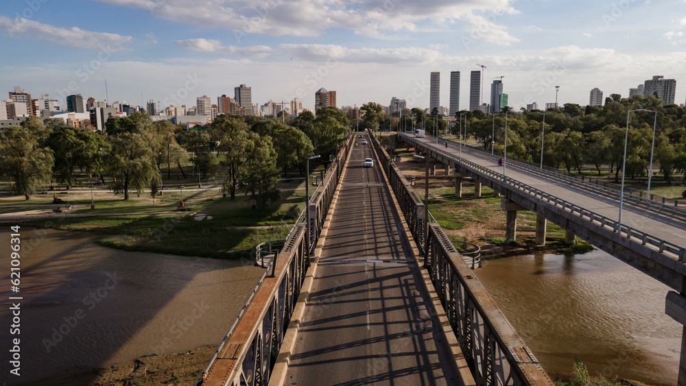 City of Río IV, Córdoba, Argentina. Aerial view on drone of the bridge and the river.
