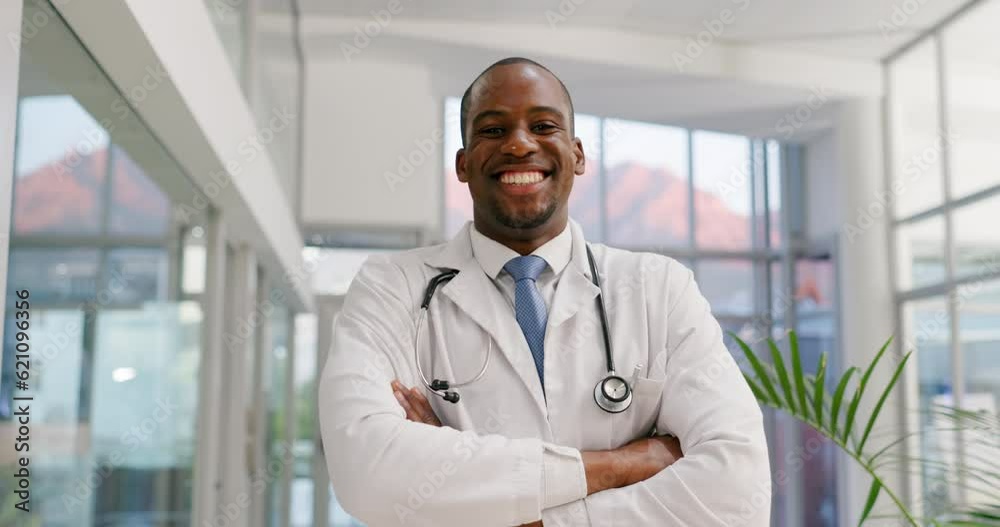 Face, doctor and black man smile with arms crossed in hospital for ...