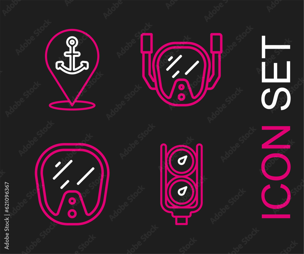 Set line Gauge scale, Diving mask, and Location with anchor icon. Vector Set line Gauge scale, Diving mask, and Location with anchor icon. Vector