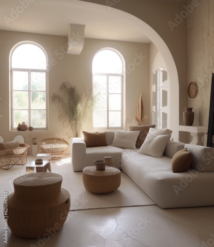 minimalist living room with white sofa and arched wall