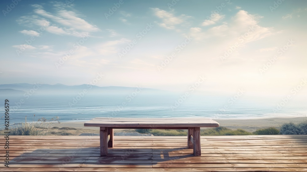In the summer, a wooden tabletop overlooks a misty sea. A wooden table along the sea, with an empty blue sky in the background. idea for a summer vacation on the ocean