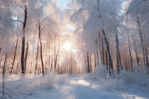 The landscape of the winter forest with the rays of the sun shining through the branches of trees. Generative AI.