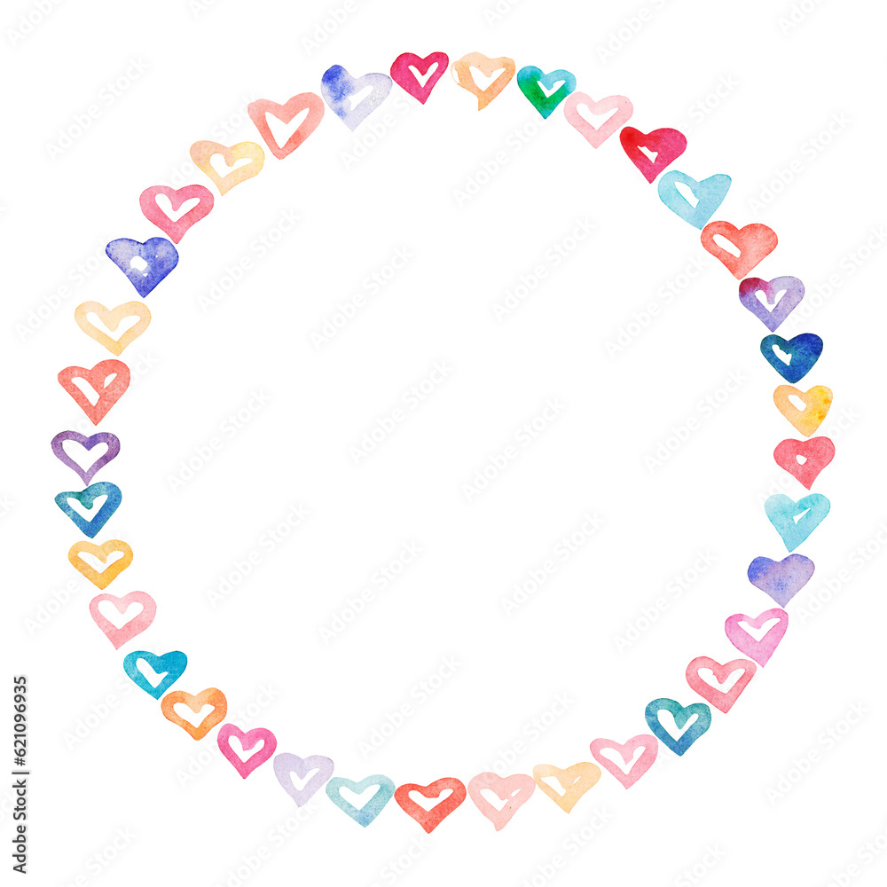 Hand drawn watercolor hearts round frame. Romantic wreath for valentines day. Isolated on white background. design for holiday greeting card and invitation of the wedding, Valentine's day and Happy