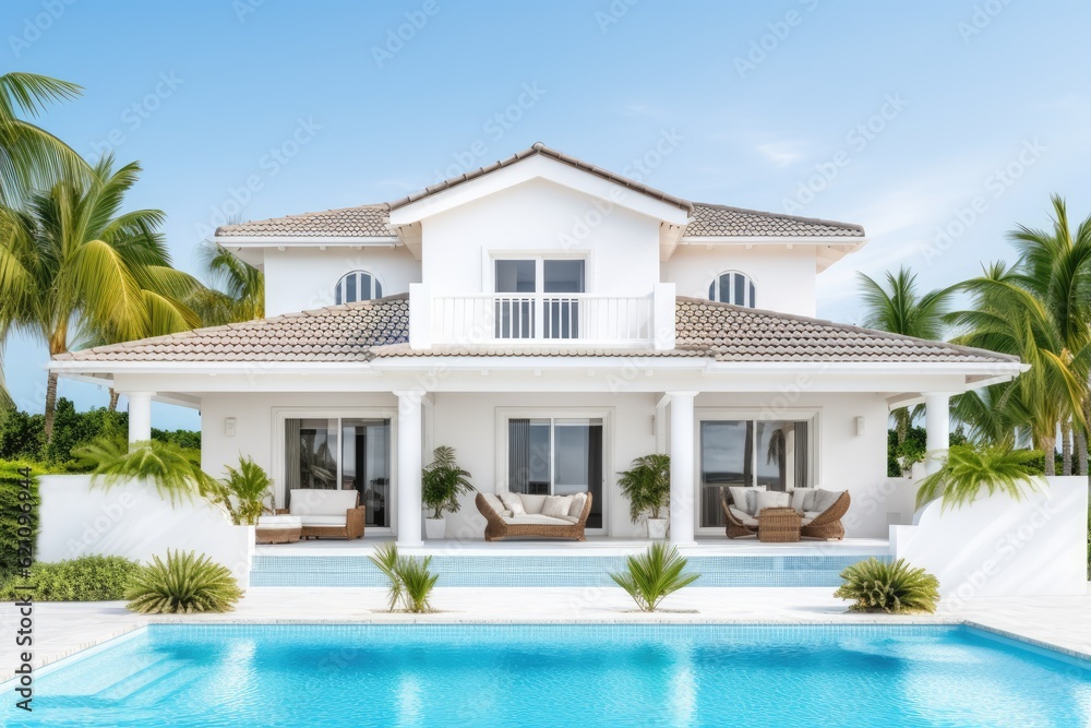 A luxury home with a pool in isolation with a real estate investment or selling concept against a clean white backdrop. purchase of a new house for a large family. As an example, consider the outside