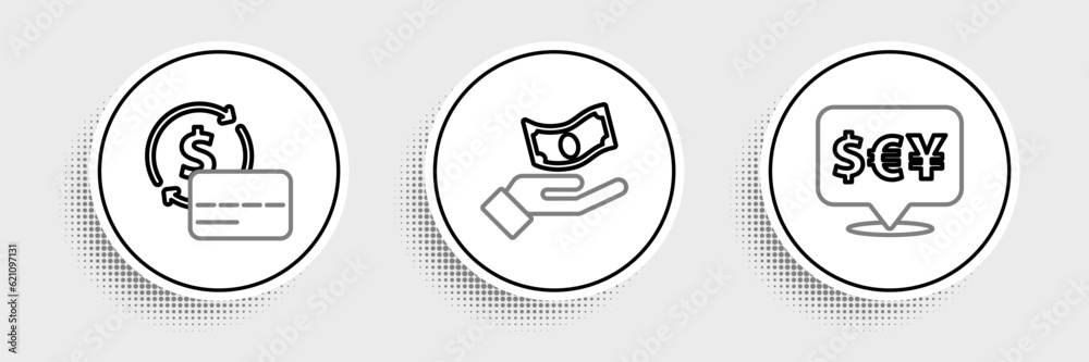 Set line Currency exchange, Credit card and Hand holding money icon. Vector Set line Currency exchange, Credit card and Hand holding money icon. Vector