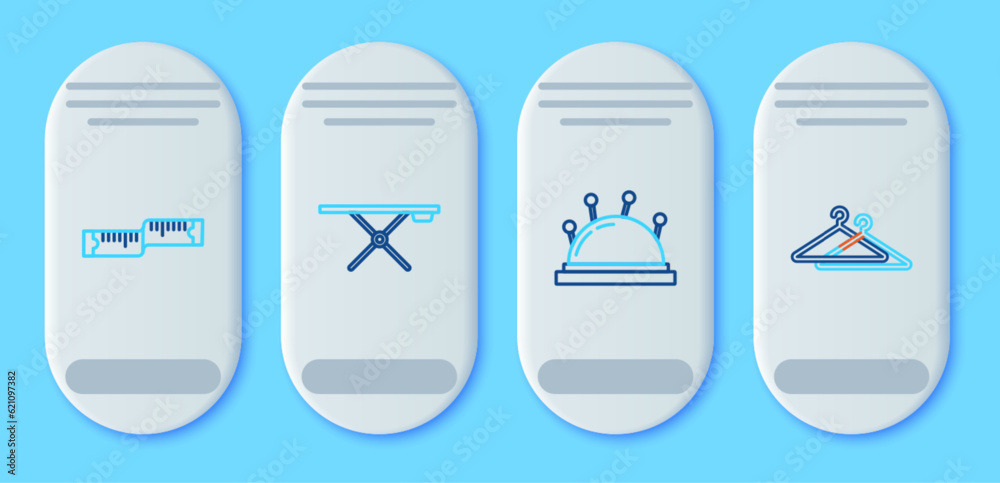 Set line Ironing board, Needle bed and needles, Tape measure and Hanger wardrobe icon. Vector