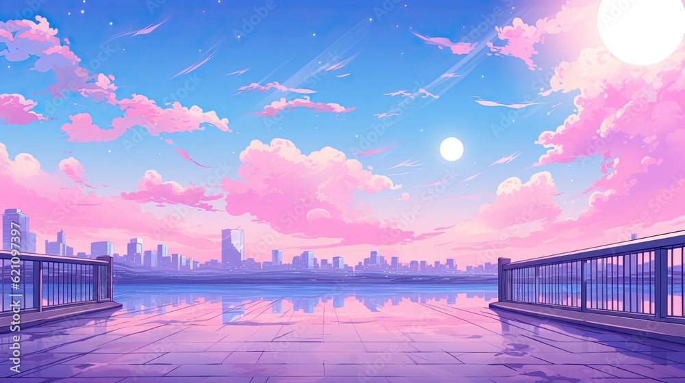 Pastel anime-style illustration of a city skyline Stock Illustration