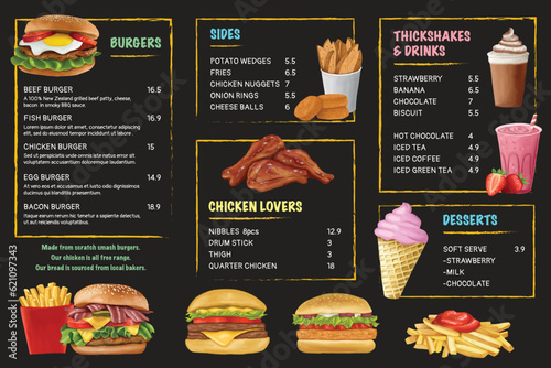 Hand drawn painted bacon, beef, egg cheese burger, fried chicken, milkshake, ice cream cone, french fries, Vector Illustration