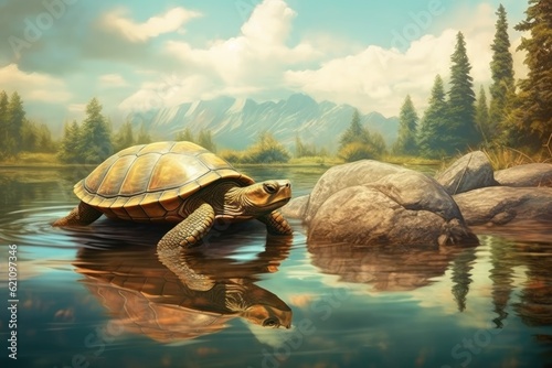 Pond sliders, also known as redeared turtles, are a kind of turtle that basks in the sun on a rock in a lake. photo