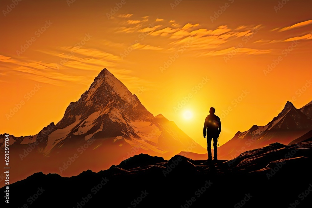 tent and mountain silhouette man in sunrise at mountain Generative AI