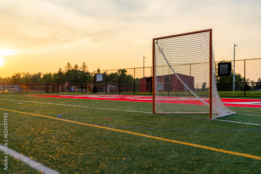Fototapeta premium Dramatic late afternoon photo of a lacrosse goal on a synthetic turf field. 
