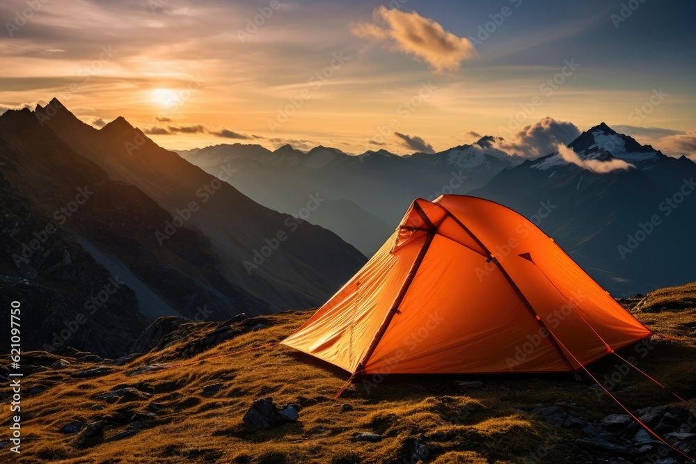 tent in mountain on a hot evening Generative AI