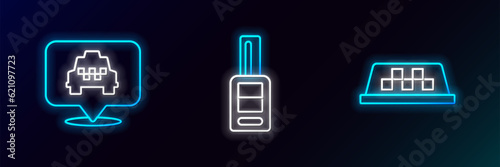 Set line Taxi car roof, Location with taxi and Car key remote icon. Glowing neon. Vector