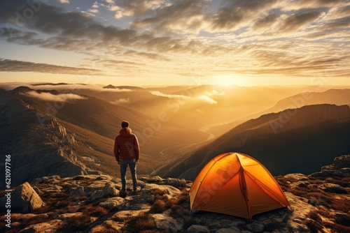 man standing on top of mountain with tent at sunset Generative AI