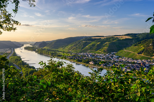 View from a hilt top with green leaves in foreground as the sun set on Leutesdorf, a small wine village with vineyards on the hills surrounding it. Space for copy.
