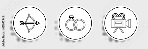 Set line Cinema camera, Bow and arrow and Wedding rings icon. Vector