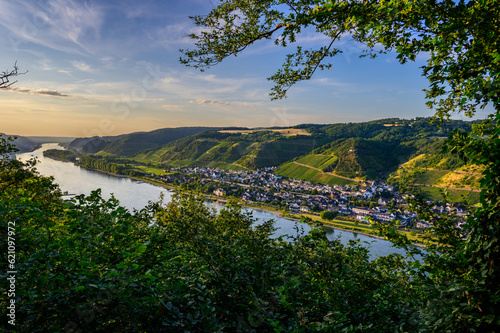 View from a hilt top with green leaves in foreground as the sun set on Leutesdorf  a small wine village with vineyards on the hills surrounding it. 