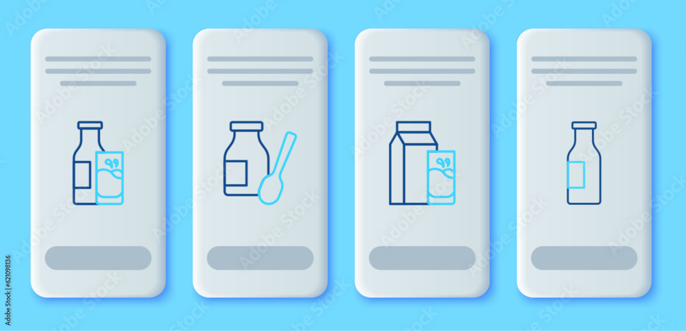 Set line Drinking yogurt in bottle, Paper package for kefir, Bottle milk and glass and with icon. Vector