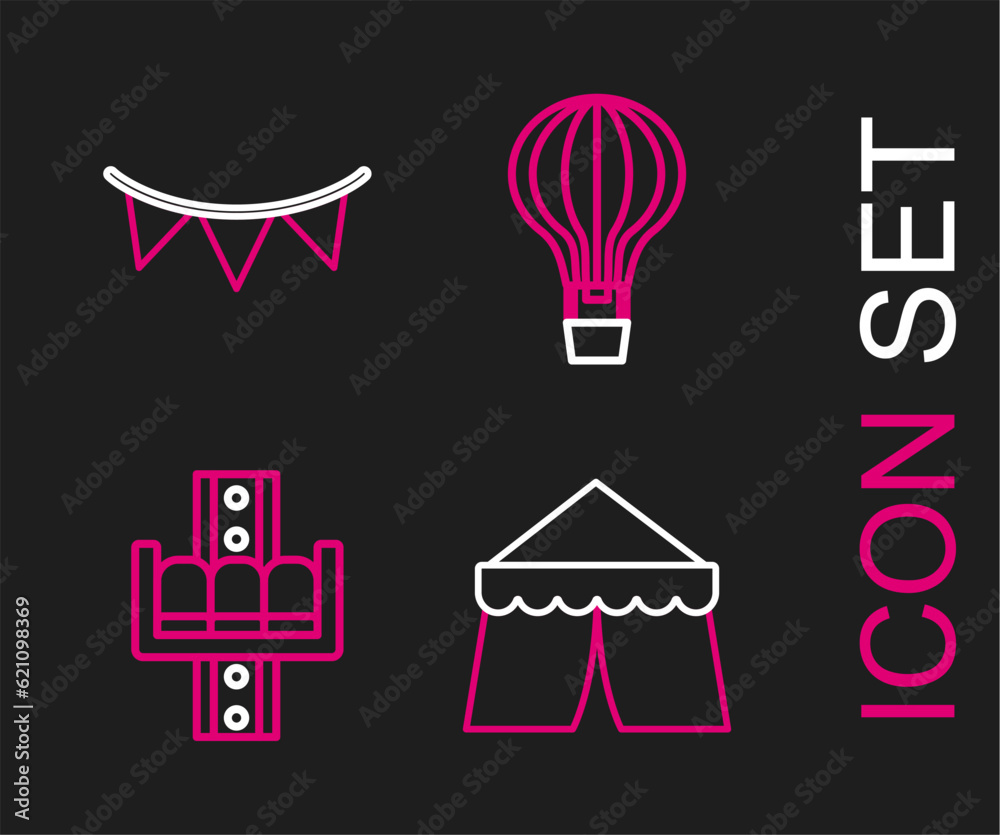 Set line Circus tent, Attraction carousel, Hot air balloon and Carnival garland with flags icon. Vector
