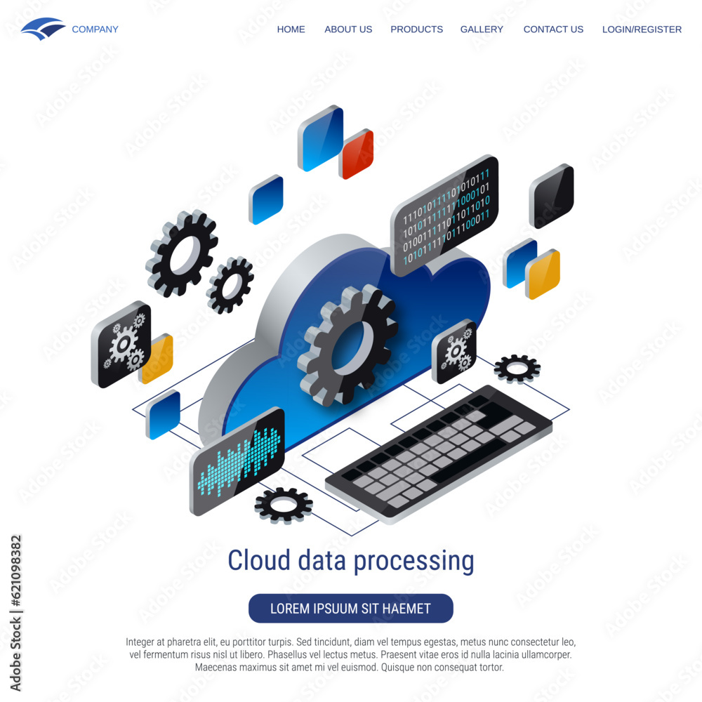 Cloud data processing, information computing 3d isometric vector concept illustration