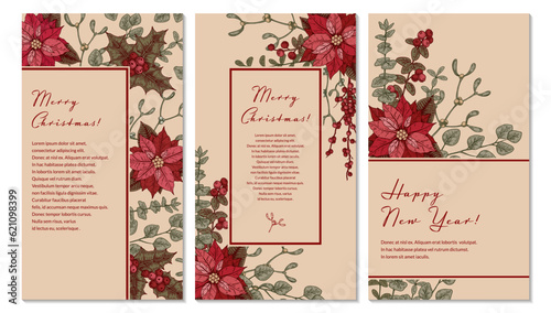 Set of Merry Christmas and Happy New Year vertical greeting cards with hand drawn poinsettia flowers and mistletoe brunch. Festive colorful background. Vector illustration in sketch style
