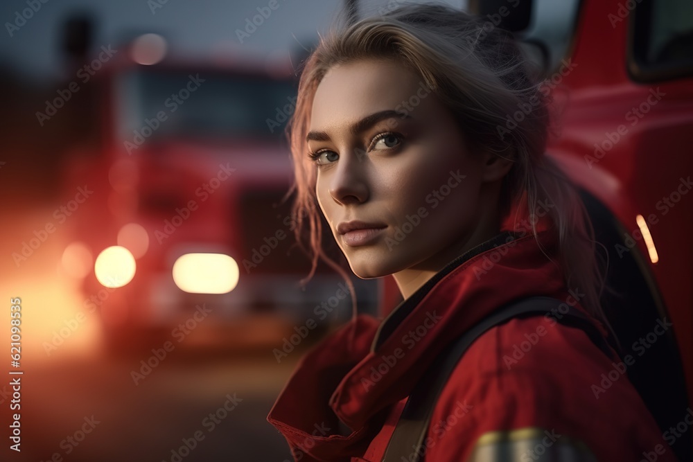 Portrait of a female firefighter on the background of a fire engine. Portrait of a female firefighter on the background of a fire engine.