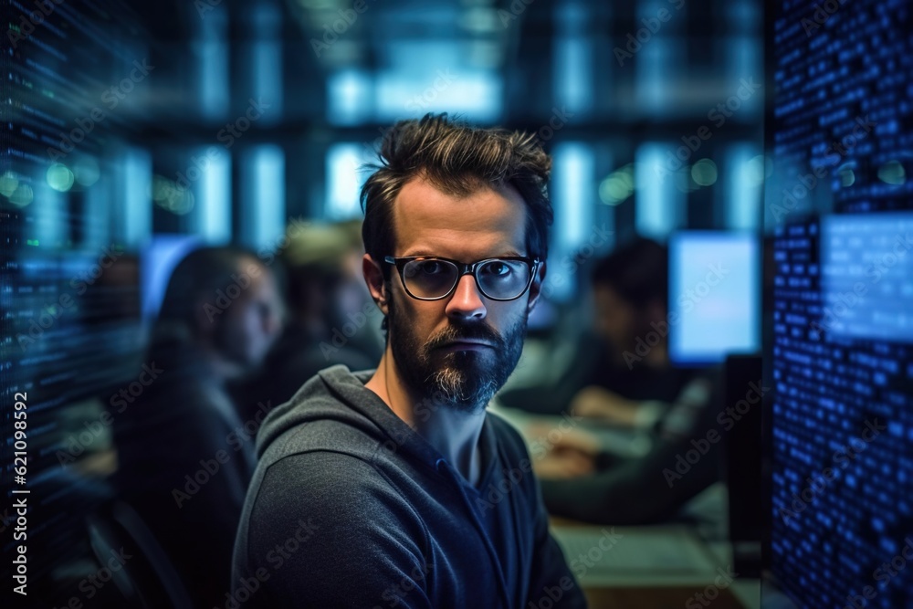 A hacker-programmer in front of a computer. Created with Generative Ai technology. A hacker-programmer in front of a computer. Created with Generative Ai technology.