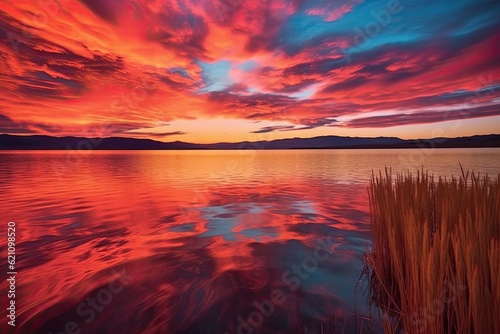 The sunset over Titicaca Lake in Peru is complemented by a scarlet sky. The sky is filled with fire clouds. Zen  tranquillity  and meditation