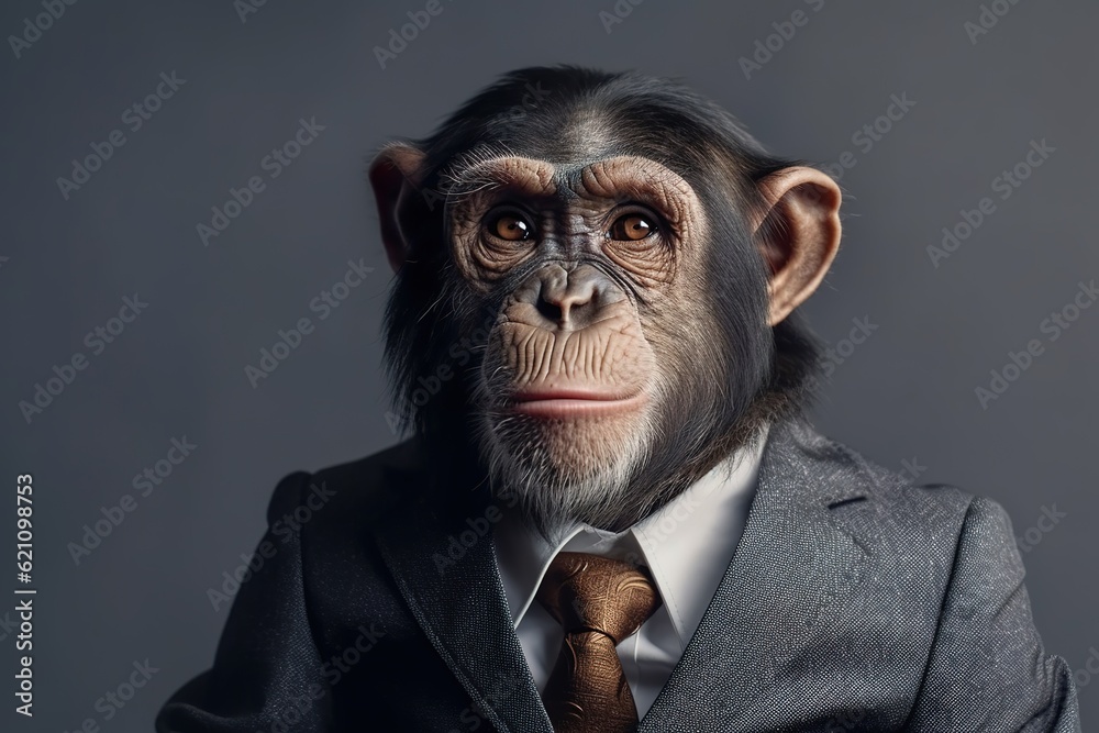 Affe trägt einen Anzug. Business Outfit für Tiere. Schimpanse als Porträtfoto mit Hemd und Krawatte. Generativ KI - obrazy, fototapety, plakaty 
