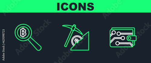 Set line Cryptocurrency wallet, Magnifying glass with Bitcoin and cloud mining icon. Vector