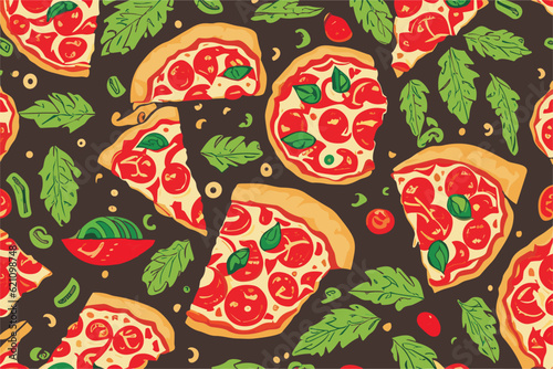 Vector seamless pattern with slices of round pizza
with sausage, herbs, mayonnaise and tomatoes
on a black background.