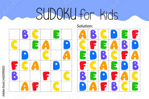 Colorful alphabet letters sudoku educational game or leisure activity worksheet vector illustration  printable grid to fill in missing images  puzzle with its solution  teacher resources