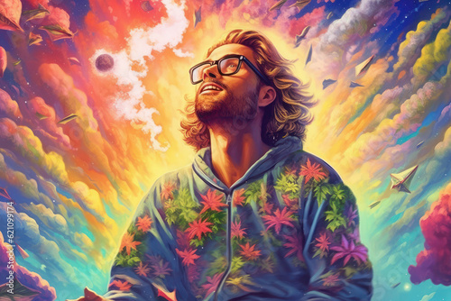 a man with glasses smokes marijuana. abstract illustration. hippie exhales smoke. generative ai, generative, ai