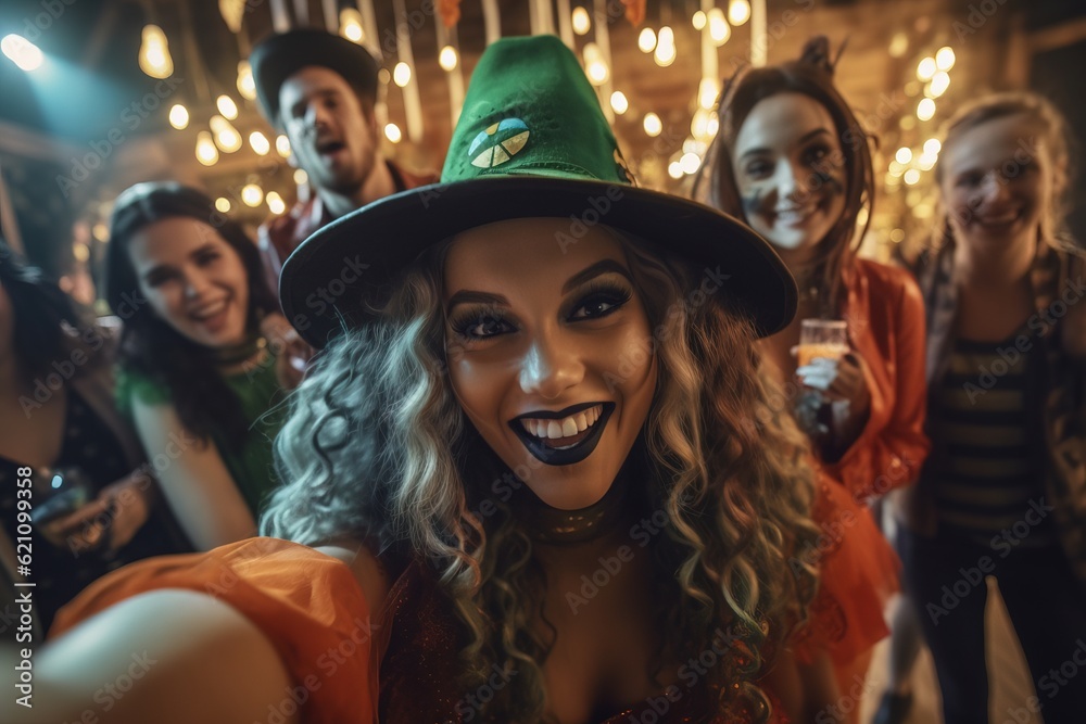 People in creepy costumes at a Halloween party. Merry celebration.