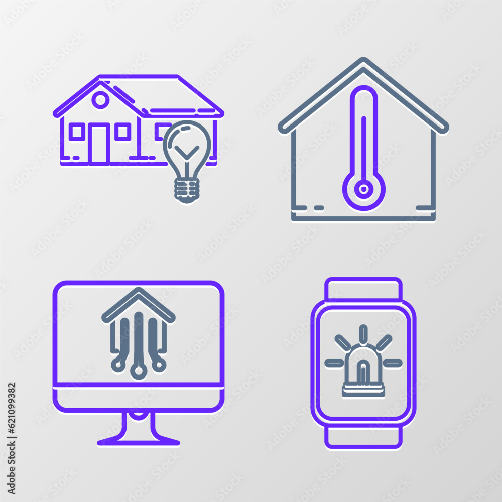 Set line Smart watch with smart house and alarm, Computer monitor home, House temperature and light bulb icon. Vector