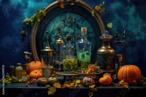 Selective focus, nighttime dark blue backdrop, festive drink, green cocktail, pumpkins, lanterns, smoke, and falling leaves