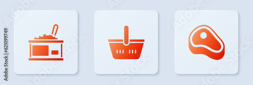 Set Shopping basket, Tin can with caviar and Steak meat. White square button. Vector