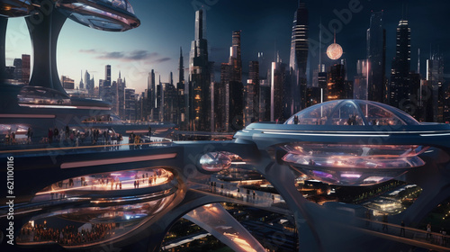 A futuristic cityscape at dusk  gleaming steel and glass structures  hyper - realistic  novel transportation system weaving through the metropolis  autonomous flying cars  colossal holographic adverti