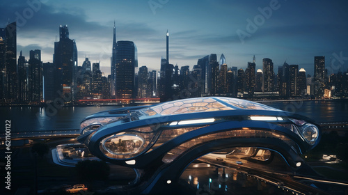 A futuristic cityscape at dusk, gleaming steel and glass structures, hyper - realistic, novel transportation system weaving through the metropolis, autonomous flying cars, colossal holographic adverti photo