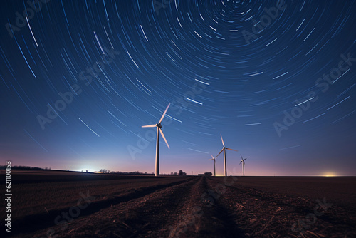 A massive, moonlit wind farm, modern wind turbines spinning against the night sky, star trails in the background