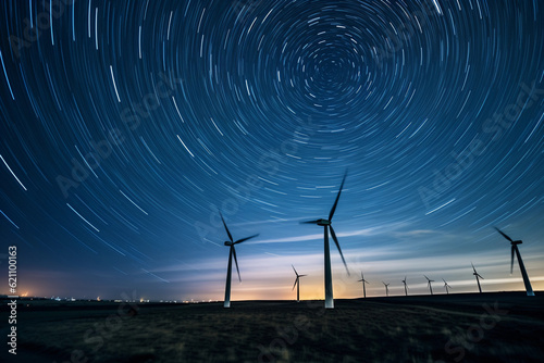 Fotografia A massive, moonlit wind farm, modern wind turbines spinning against the night sk