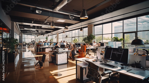 A tech startup office space, vibrant, modern, filled with innovative tech gadgets, drones, VR headsets, giant screens with code, motivated employees brainstorming