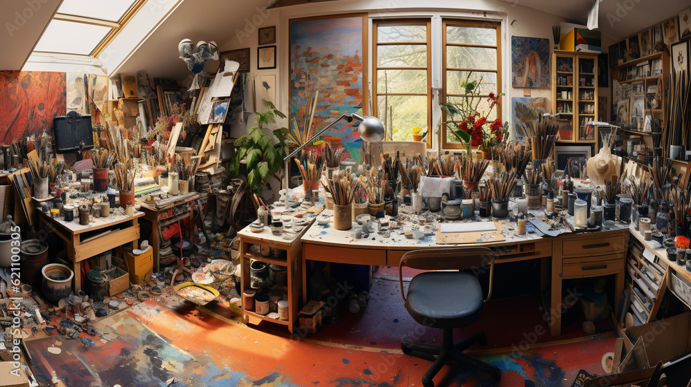 Detailed, panoramic shot of an artist's studio, scattered with crafting supplies, the chaos of creation, paints, brushes, half - finished canvases Detailed, panoramic shot of an artist's studio, scattered with crafting supplies, the chaos of creation, paints, brushes, half - finished canvases